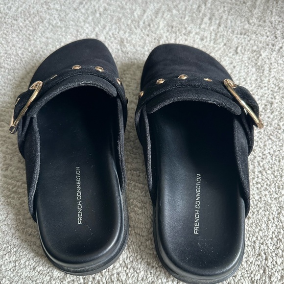French Connection Black Faux Suede Clogs with Gold Buckle - Picture 5 of 7